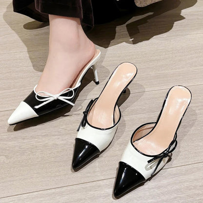Butterflyknot Pointed Toe Mule Slippers Thin Heels Party Dress Female Shoes