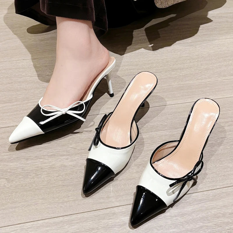 Butterflyknot Pointed Toe Mule Slippers Thin Heels Party Dress Female Shoes