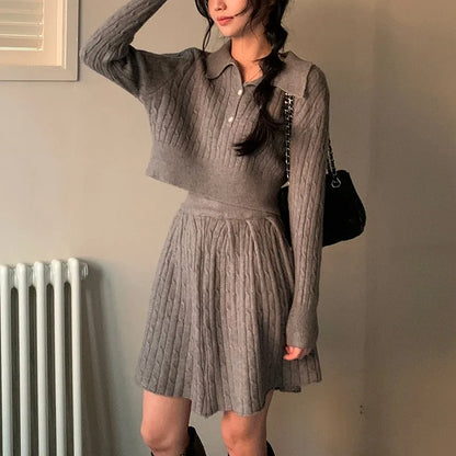 Korean Two-piece Set Pullover Turn-down Collar Crop Top Mini Skirt Suit Autumn New Knitwear Outfits