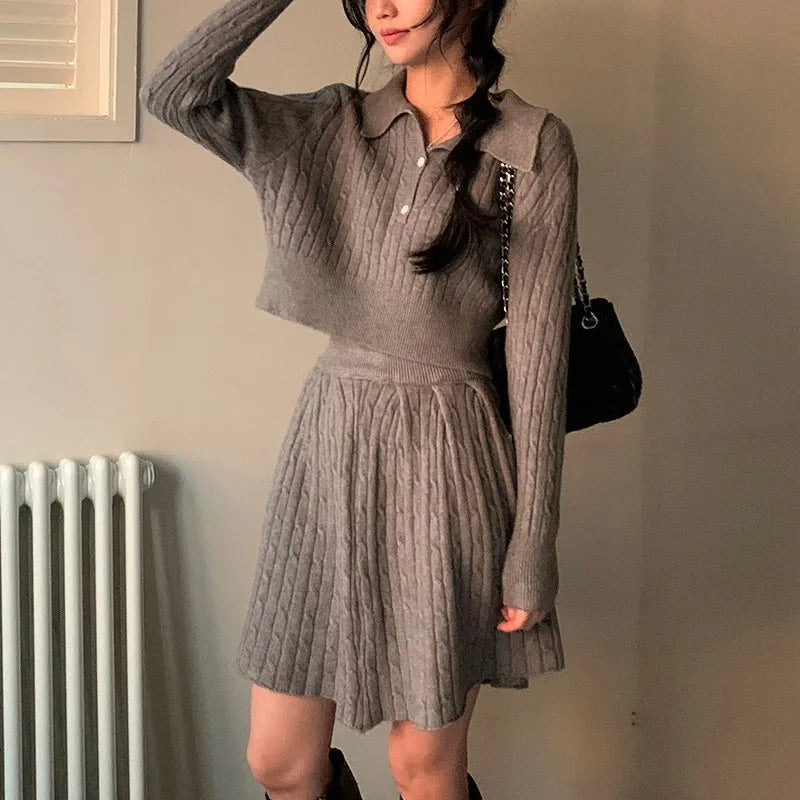 Korean Two-piece Set Pullover Turn-down Collar Crop Top Mini Skirt Suit Autumn New Knitwear Outfits