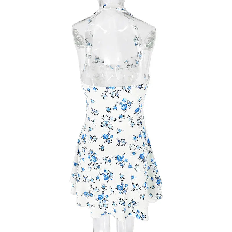 Halter Mini Dresses Spring Summer New Slim Blue Print Dress Backless Dress