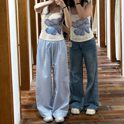 Summer Hot Retro American Lazy Style Straight Tube Loose Mid Low Waist Drawstring Plaid Pants