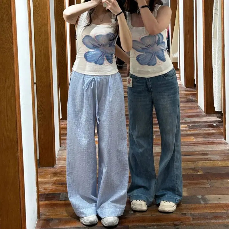 Summer Hot Retro American Lazy Style Straight Tube Loose Mid Low Waist Drawstring Plaid Pants