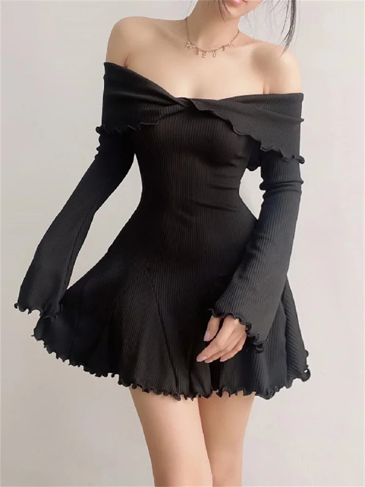 Black Knit Ruffled Mini Dress Patchwork Offshoulder Loose Slim Ribbed Dress Knitwear Clothes Female Dress