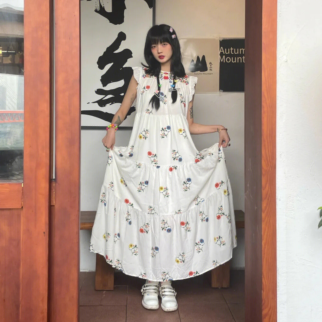 Retro Sleeveless Dress Summer New High End Sweet Fairy Printed Strap Travel Photo Long Dresses