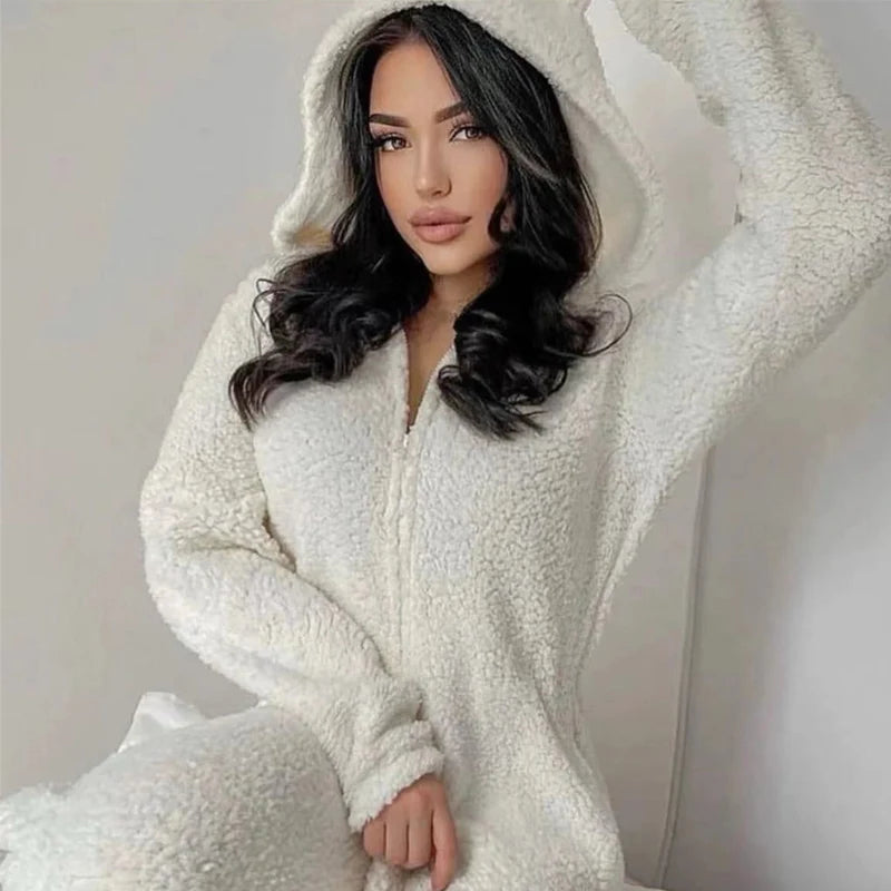 Fall Winter Long Sleeve Soft Fleece Jumpsuits Hear Hooded Zipper Playsuits Warm Sleepwear Romper