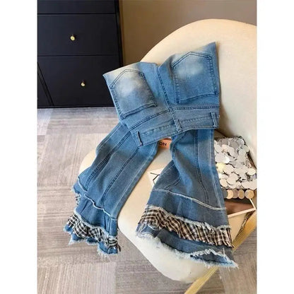 Minimally Designed Micro Flared Jeans Autumn Spring Niche Plaid Splicing Slim Versatile Long Pants