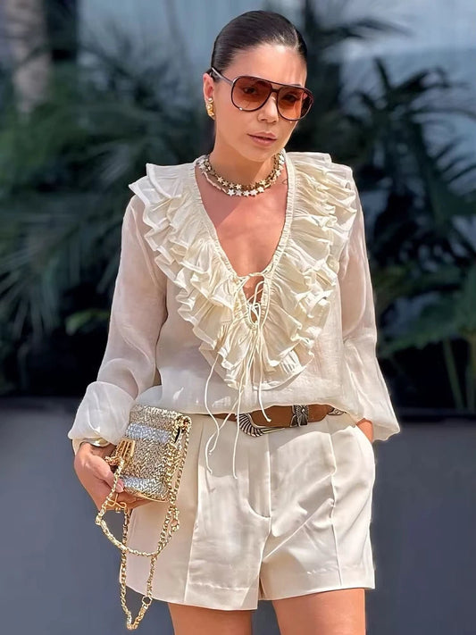 V-neck Lantern Long Sleeve Blouse