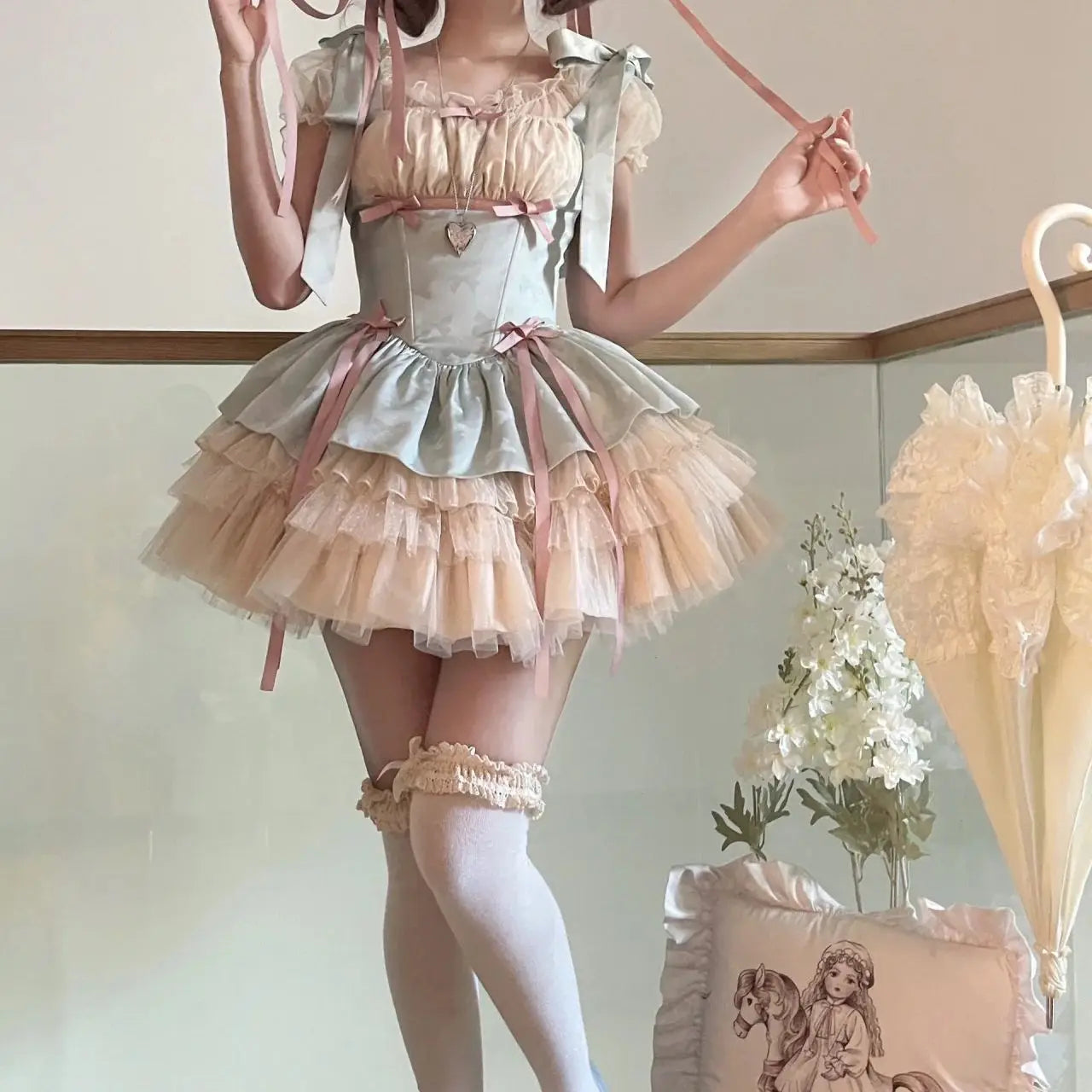 Little Ribbon Lolita Lace Sling Dress Sweet Sp Ballet Style Cake Princess Puffy Onepiece Dress Summer Pettiskirt