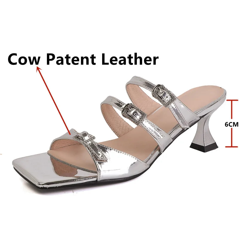 Design Slippers Summer Buckles High Heels Sandals Party Office Genuine Leather Pumps Shoes Woman