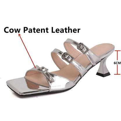 Design Slippers Summer Buckles High Heels Sandals Party Office Genuine Leather Pumps Shoes Woman