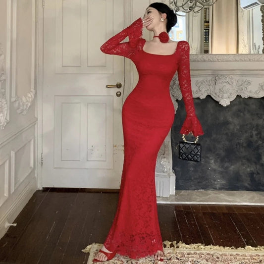 Lace Bodycon Maxi Dresses for Flare Sleeve Square Collar Slim Mermaid Evening Party Dress Fishtail Vestidos Prom Robe