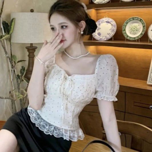 Puff Sleeve Blouses Polka Dot Spring Summer Sweet Korean Shirts Square Neck Retro Blusas Mujer