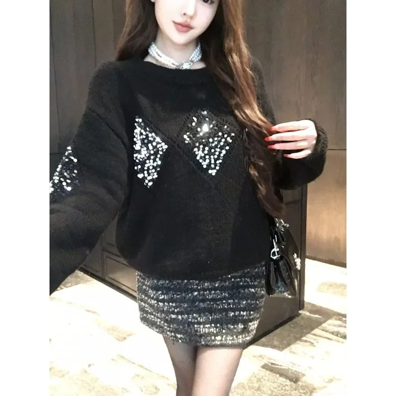 Spring New Oneck Diamond Sequins Cashmere Longsleeved Sweater + High Waist Striped Knit Skirt Twopiece Suit