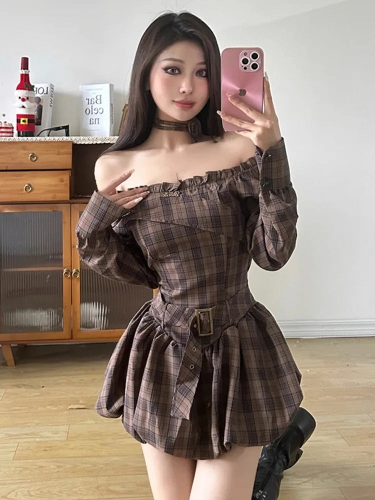 Coffee Plaid Mini Dress for Off Shoulder Long Sleeve Belt Flower Bud Dress Autumn Lady Skirts
