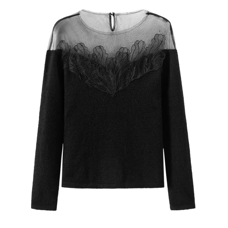 White Off Shoulder Knit Sweater Lace Transparent Mesh Long Sleeve Crop Pullovers Fairycore Aesthetics Clothes