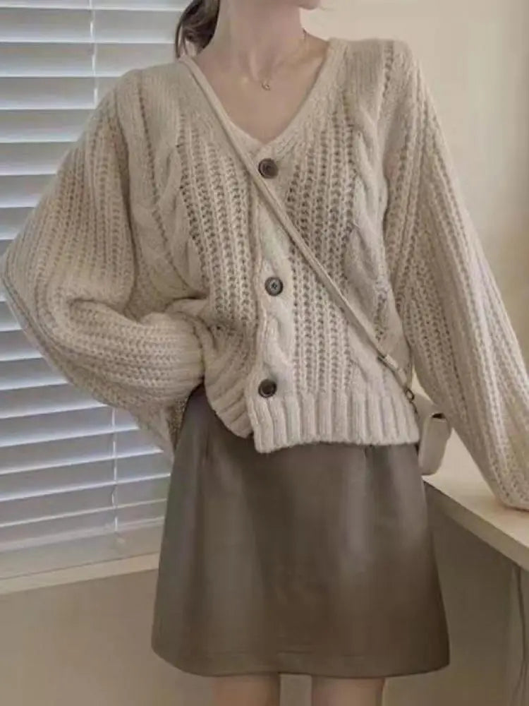 Long Sleeve Cardigan Crochet Sweater Autumn Winter Korean Vneck Single Breasted Short Tops