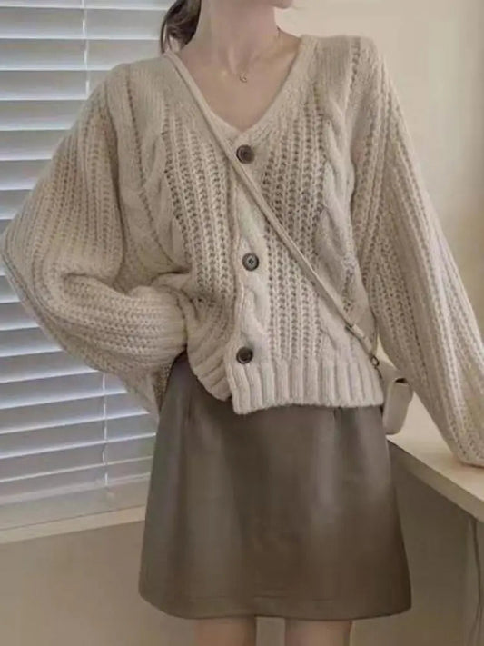 Long Sleeve Cardigan Crochet Sweater Autumn Winter Korean Vneck Single Breasted Short Tops