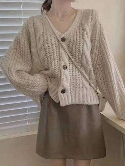 Long Sleeve Cardigan Crochet Sweater Autumn Winter Korean Vneck Single Breasted Short Tops