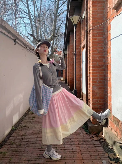 Pink Highwaisted Skirt Female Faldas Loose Slim Midlength Umbrella Skirt Contrast Color Design Aline Pleated Skirts