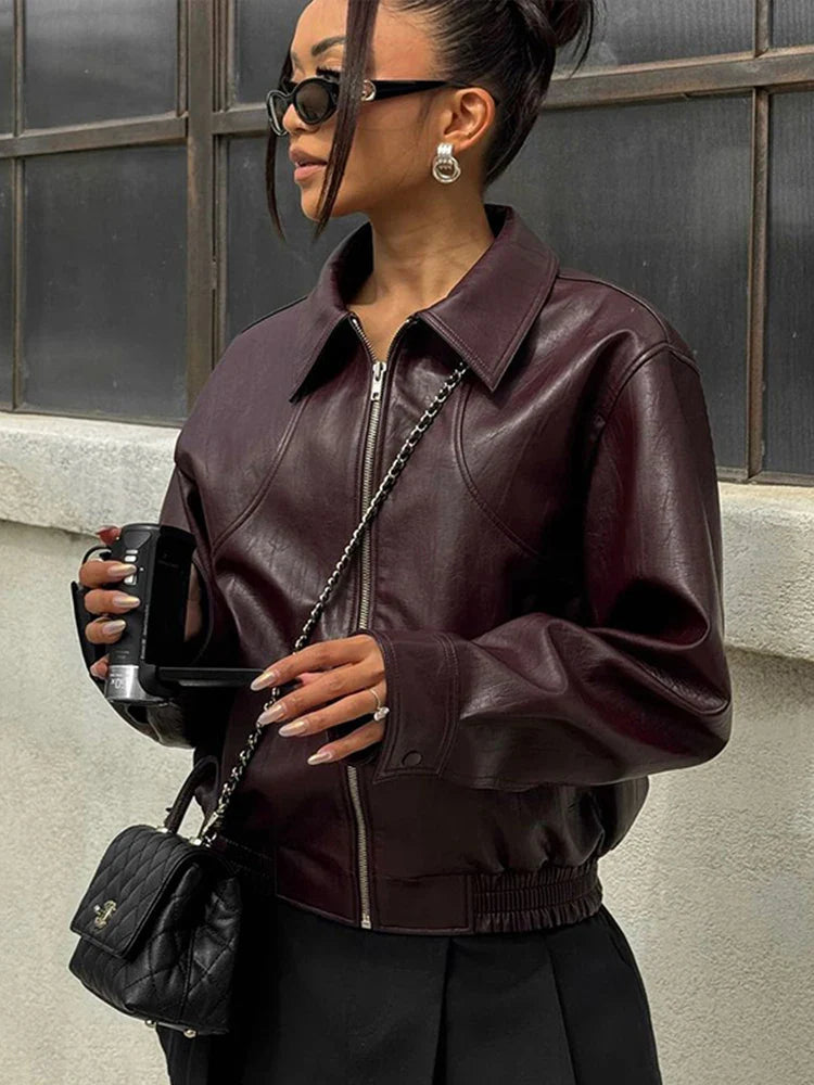 Zipper Leather Jacket for Turn-down Collar Long Sleeve Female Coat New Autumn Outerwears
