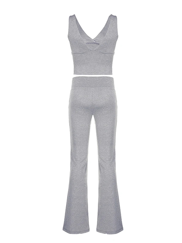 Gray Slim Sleeveless V Neck Vest and V Shape Waist Flared Leggings 2 Pieses Pants Sets Summer Baddie Outfits