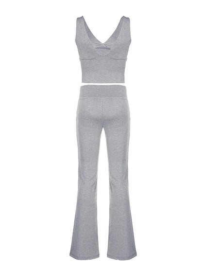 Gray Slim Sleeveless V Neck Vest and V Shape Waist Flared Leggings 2 Pieses Pants Sets Summer Baddie Outfits