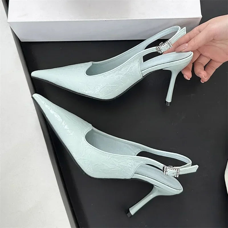 Slingbacks Thin High Heels Pointed Toe Buckle Strap Pumps Blue Party Dress Shoes Heeled Sandals