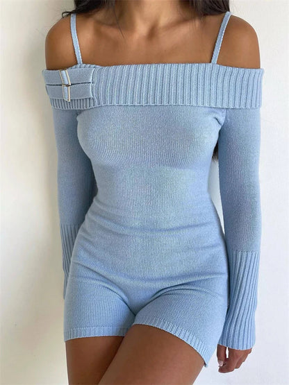 Summer New Offshoulder Jumpsuit for Long Sleeve Y2k Slim Playsuit Knitwear High Waist Short Sets Rompers