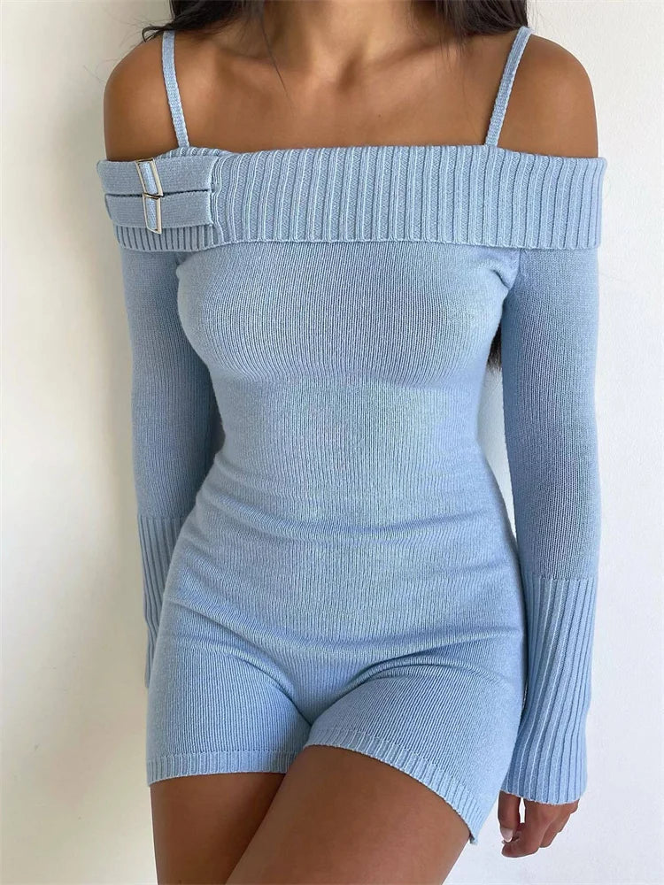 Summer New Offshoulder Jumpsuit for Long Sleeve Y2k Slim Playsuit Knitwear High Waist Short Sets Rompers