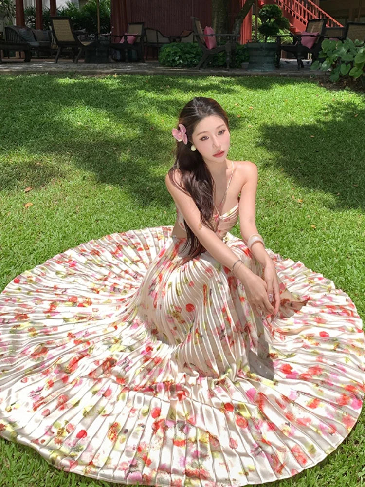 Print Long Dresses for Backless Laceup Party Dress Summer Holiday Beach Pleated Aline Vestidos Robe
