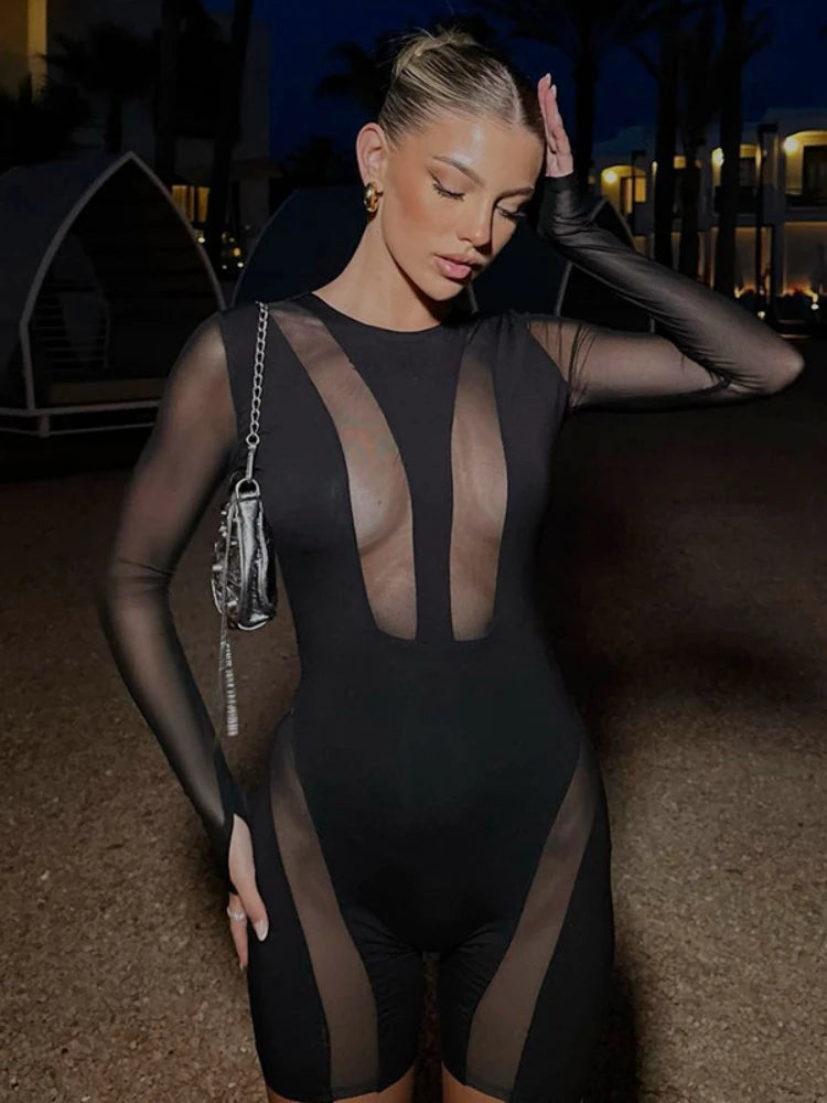Black Bodycon Jumpsuits One Piece See Through Overalls for Club Outfits Knee Length Playsuit Long Sleeve Romper