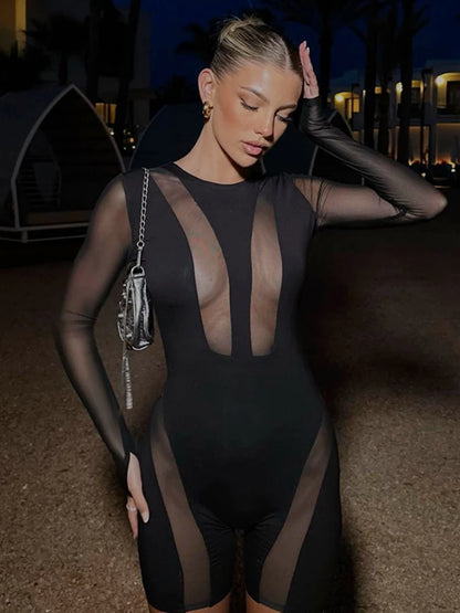 Black Bodycon Jumpsuits One Piece See Through Overalls for Club Outfits Knee Length Playsuit Long Sleeve Romper