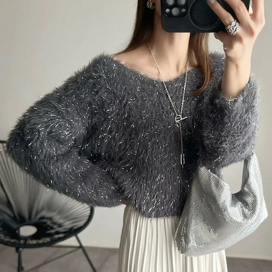 Sweet Hot Girl Vneck Sweater Longsleeved Bright Silk Knitted Pullover Female Clothes