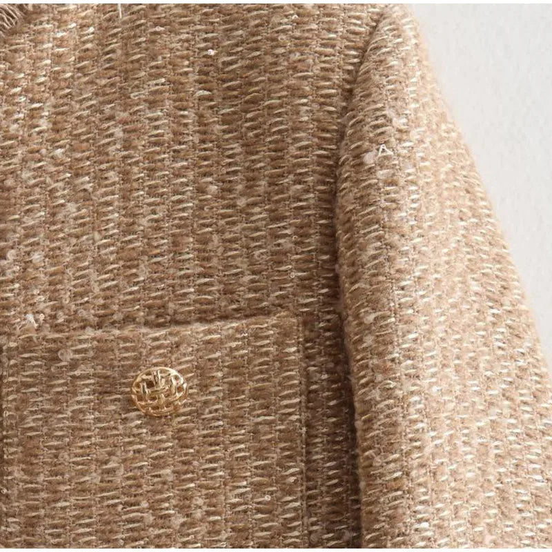 O-neck Pockets Short Coats for Autumn Long Sleeve Single Breasted Tweed Jacket New Cropped Coats Female