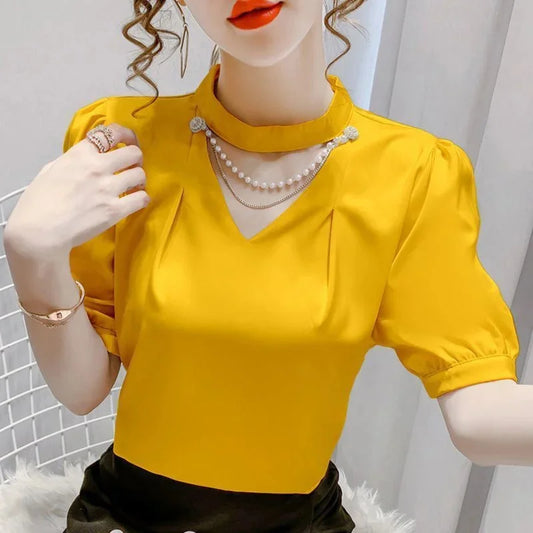 Summer Style Blouses Shirts Lady Puff Short Sleeve Beading O-neck Pearl Blouses Tops