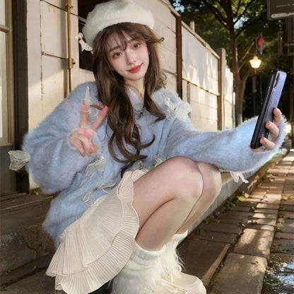 Knitted Sweater Bow Off Shoulder V Neck Loose Stretch Autumn Winter Pullover Female Jumper