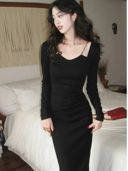 Chain Square Neck Long Sleeves Midi Dresses Spring New French Bodycon Evening Party Female Clothing