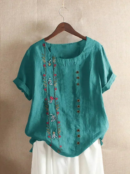Flower Embroidery Cotton Linen Shirt Summer O-neck Short Sleeve White Pullover Top Street Blouse