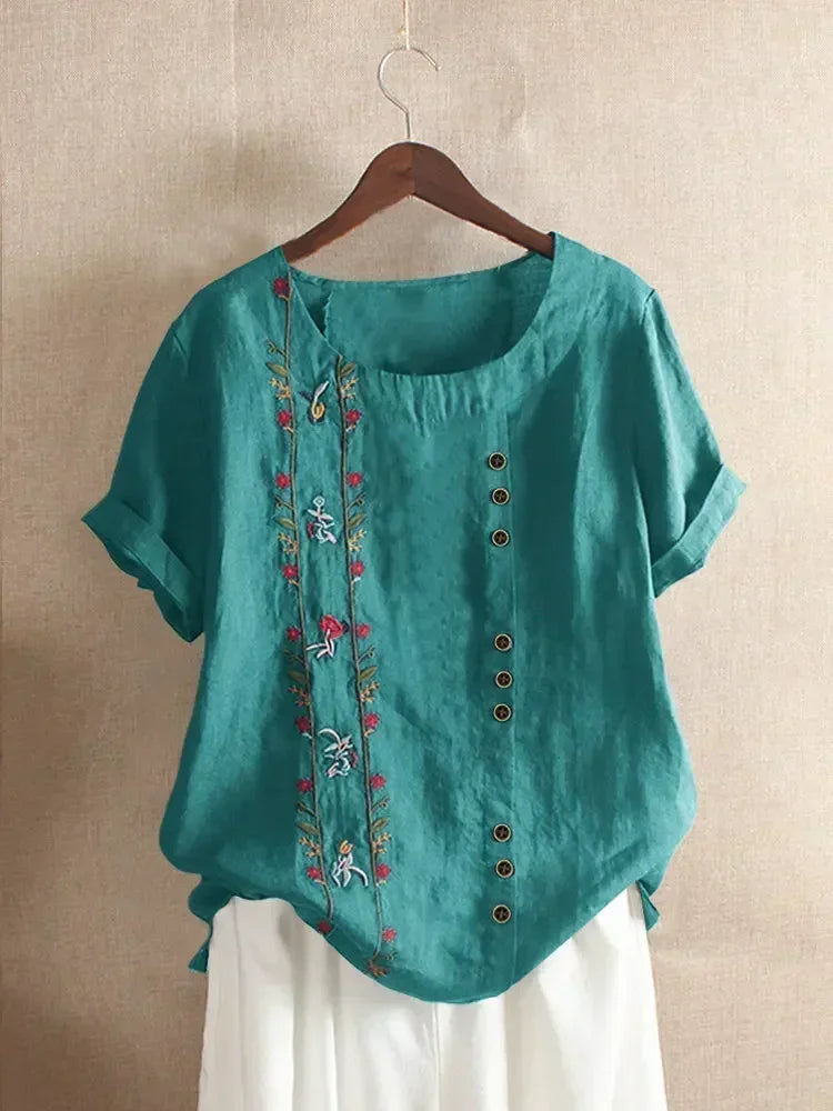 Flower Embroidery Cotton Linen Shirt Summer O-neck Short Sleeve White Pullover Top Street Blouse