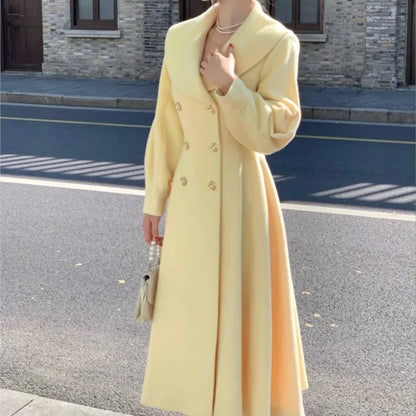 ’s Long Coats Winter New Outerwear Lapel Double Breasted Lantern Sleeve Woolen Overcoats