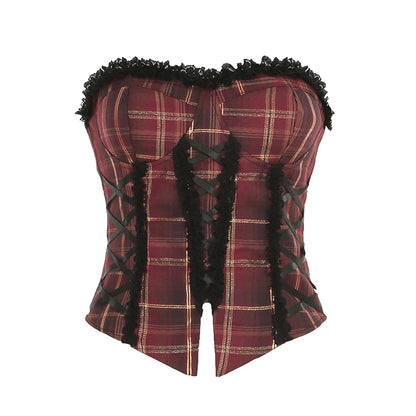 Christmas Red Plaid Lace Trim Bandage ��s Straps Tops Skinny Hotsweet Festive Atmosphere Blouses