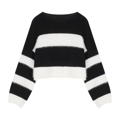 High Street Loose Soft Cashmere Long Sleeve Sweater Winter New Oneck Contrast Color Striped Knitted Crop Tops