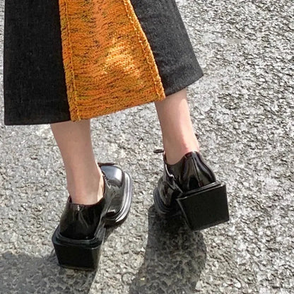 Square Toe Lace Up Pumps Japanese Style Thick Heel Heightening High Heels Personalized Patent Leather Color Shoes