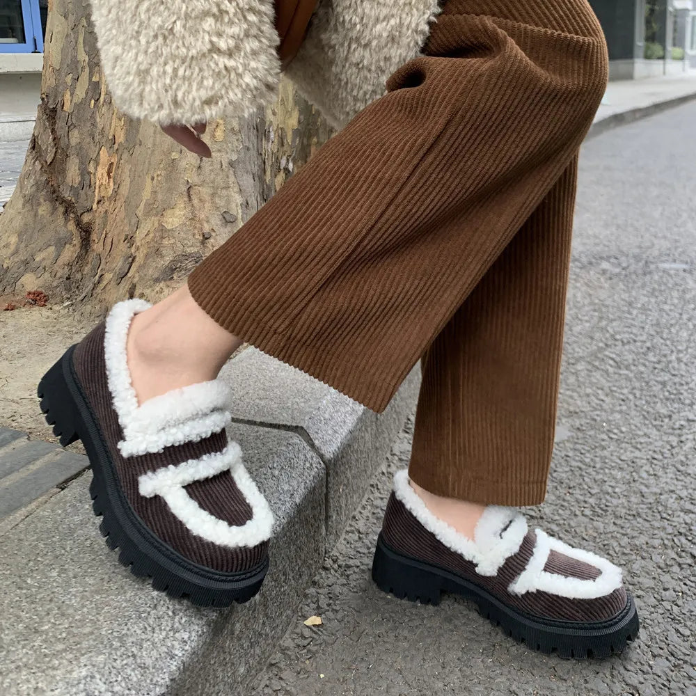 Autumn Winter Pumps Thick Heels Round Toe Warm Shoes Woman Loafers Office Lady Working