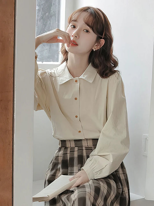 School Puff Long Sleeve Shirt Cotton Youthful Basic Blouses Female Top Lady White Oversized