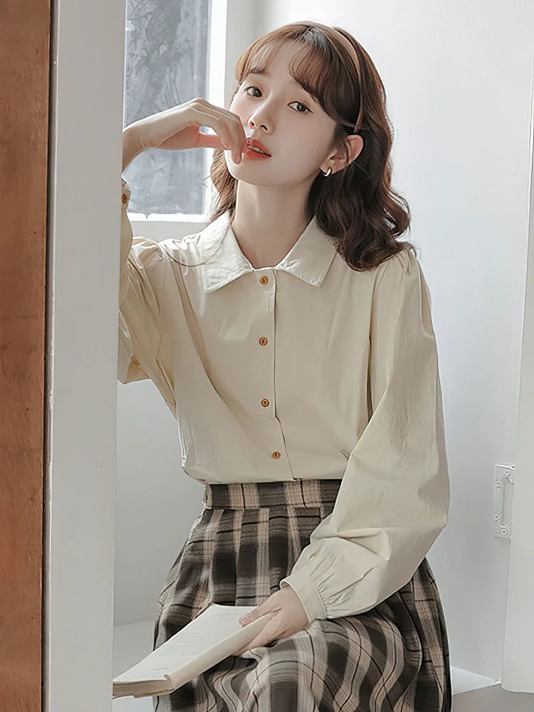 School Puff Long Sleeve Shirt Cotton Youthful Basic Blouses Female Top Lady White Oversized