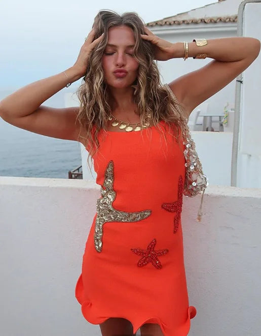 Star Print Pleated Backless Mini Dress