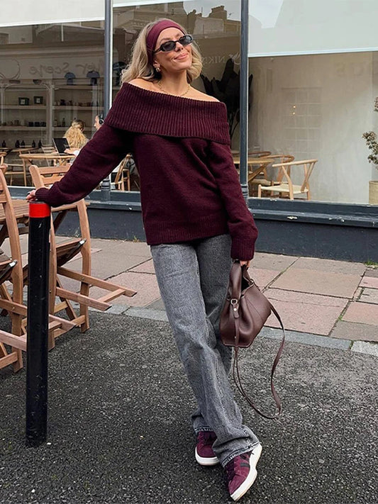 Knitted Off Shoulder Sweater Loose Long Sleeve Pullover Sweaters Lady Spring Versatile Street Knitwear