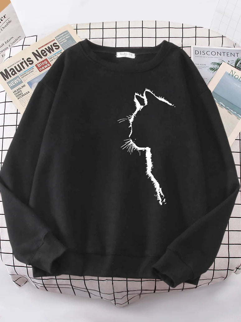 Simple Strokes of Cat Pet Print Hoody Shoulder Drop All-match Hoodies Simple S-xxl Hoodie Street Quality Clothing Female